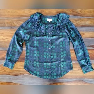 J. Crew Green and Blue Ruffle Silk Blouse